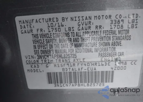 2017 Nissan Versa 1.6 S z USA, uszkodzony, nr VIN 3N1CN7AP8HL825725